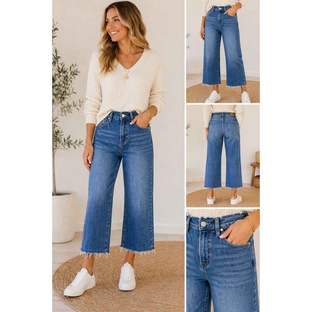 Risen Jeans Crop Raw Hem Stretch Denim High Rise Straight Leg 7/28 Everyday Mom